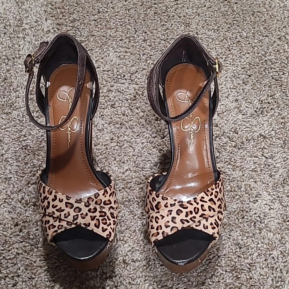 Jessica Simpson Leopard Print Wedge Sandals with Wood-Look Platform